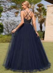 Ball-Gown/Princess V-Neck Sweep Train Tulle Prom Dresses With Rhinestone Beading Sequins