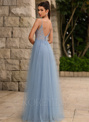A-line V-Neck Floor-Length Tulle Lace Maxi Dresses With Sequins