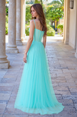 Sleeveless Spaghetti Straps Sweetheart Pleated Tulle A-line Maxi Dress