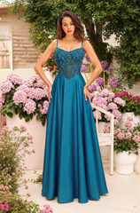 A-line V-Neck Sweep Train Silky Satin Prom Dresses With Sequins Beading