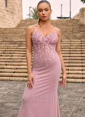 Trumpet/Mermaid V-Neck Sweep Train Lace Jersey Maxi Dresses With Rhinestone