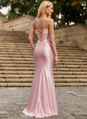 Trumpet/Mermaid Sweetheart Sweep Train Silky Satin Prom Dresses With Sequins Beading