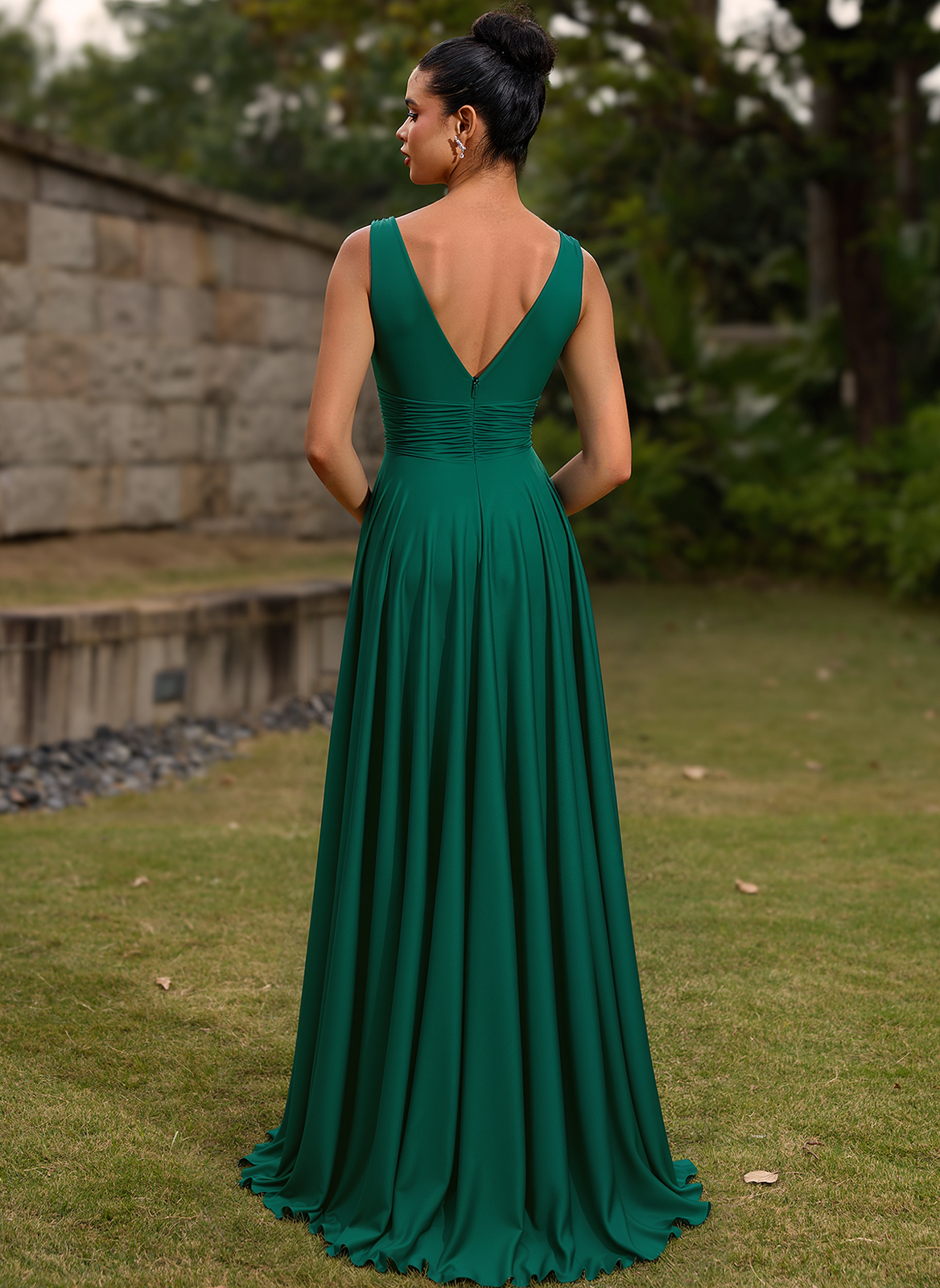 A-line V-Neck Floor-Length Silky Satin Prom Dresses With Pleated