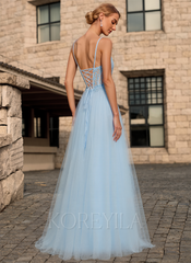 A-line V-Neck Floor-Length Lace Tulle Maxi Dresses With Sequins