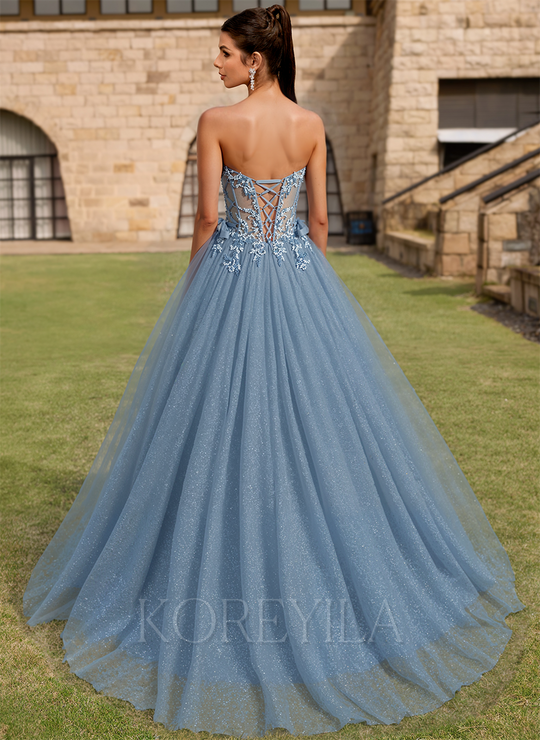 Ball-Gown/Princess V-Neck Sweep Train Tulle Prom Dresses With Beading Sequins