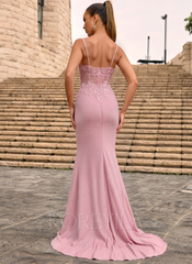 Trumpet/Mermaid V-Neck Sweep Train Lace Jersey Maxi Dresses With Rhinestone