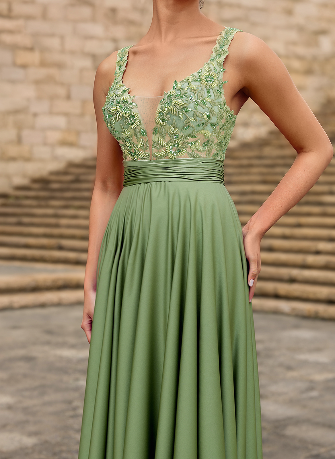 A-line V-Neck Sweep Train Jersey Prom Dresses With Sequins Beading Appliques Lace