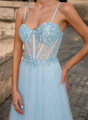 A-line V-Neck Floor-Length Lace Tulle Maxi Dresses With Sequins