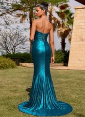 Trumpet/Mermaid V-Neck Sweep Train Metallic Prom Dresses With Rhinestone Pleated
