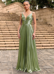 A-line V-Neck Floor-Length Jersey Prom Dresses With Pleated