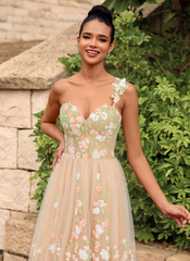 A-line One Shoulder Floor-Length Lace Maxi Dresses With Flower