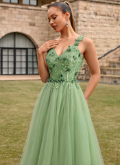 A-line V-Neck Floor-Length Tulle Lace Maxi Dresses With Sequins 3D Floral Flower