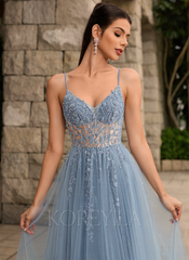 A-line V-Neck Floor-Length Tulle Lace Maxi Dresses With Sequins