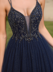 Ball-Gown/Princess V-Neck Sweep Train Tulle Prom Dresses With Rhinestone Beading Sequins