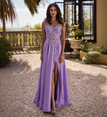 A-line Sweetheart Sweep Train Silky Satin Prom Dresses With Rhinestone 3D Floral Sequins Beading