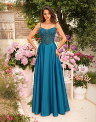 A-line V-Neck Sweep Train Silky Satin Prom Dresses With Sequins Beading