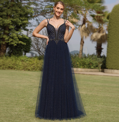 Ball-Gown/Princess V-Neck Sweep Train Tulle Prom Dresses With Rhinestone Beading Sequins