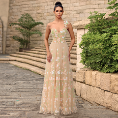 A-line One Shoulder Floor-Length Lace Maxi Dresses With Flower