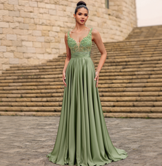 A-line V-Neck Sweep Train Jersey Prom Dresses With Sequins Beading Appliques Lace