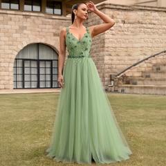 A-line V-Neck Floor-Length Tulle Lace Maxi Dresses With Sequins 3D Floral Flower