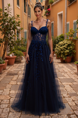 Spaghetti Straps V-Neck Sweet & Flow Rhinestone Tulle A-line Maxi Dress