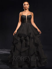 Ball-Gown/Princess Scoop Floor-Length Tulle Maxi Dresses With Rhinestone Beading