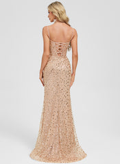 Trumpet/Mermaid V-Neck Sweep Train Sequin Prom Dresses With Sequins
