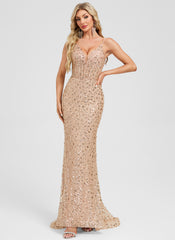 Trumpet/Mermaid V-Neck Sweep Train Sequin Prom Dresses With Sequins