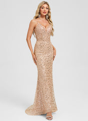 Trumpet/Mermaid V-Neck Sweep Train Sequin Prom Dresses With Sequins