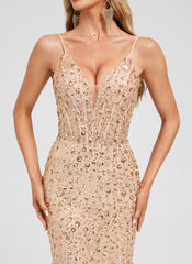 Trumpet/Mermaid V-Neck Sweep Train Sequin Prom Dresses With Sequins
