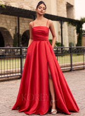 Straight Neck Ruched Satin A-line Maxi Dress With Pockets Slit