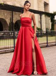 Straight Neck Ruched Satin A-line Maxi Dress With Pockets Slit