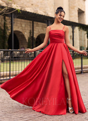 Straight Neck Ruched Satin A-line Maxi Dress With Pockets Slit
