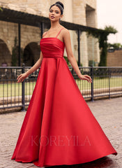 Straight Neck Ruched Satin A-line Maxi Dress With Pockets Slit