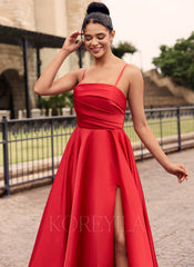 Straight Neck Ruched Satin A-line Maxi Dress With Pockets Slit