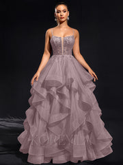 Ball-Gown/Princess Scoop Floor-Length Tulle Maxi Dresses With Rhinestone Beading