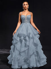 Ball-Gown/Princess Scoop Floor-Length Tulle Maxi Dresses With Rhinestone Beading