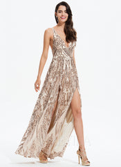 A-line V-Neck Floor-Length Sequin Prom Dresses With Sequins