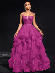 Ball-Gown/Princess Scoop Floor-Length Tulle Maxi Dresses With Rhinestone Beading