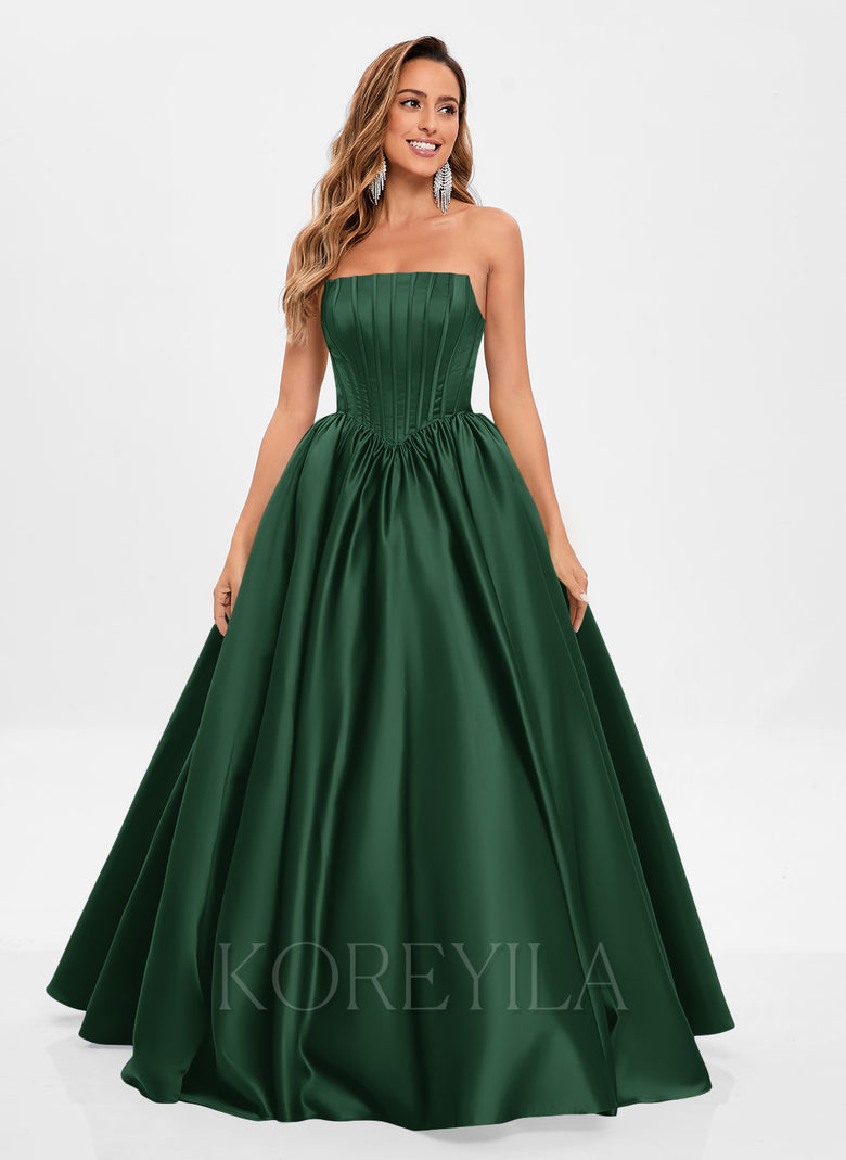 Ball-Gown/Princess Straight Floor-Length Satin Prom Dresses  KOREYILA
