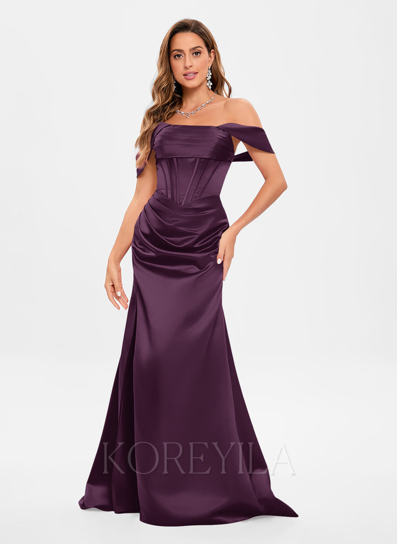 trumpet mermaid off the shoulder sweep train satin prom dress Trumpet/Mermaid Off-the-shoulder Silk-like Satin Sweep Train Prom Dresses With Appliques Lace