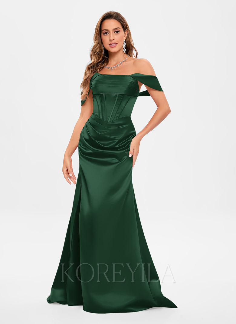 hunter green mermaid prom dress Trumpet/Mermaid Off the Shoulder Sweep Train Satin Prom Dresses – KOREYILA