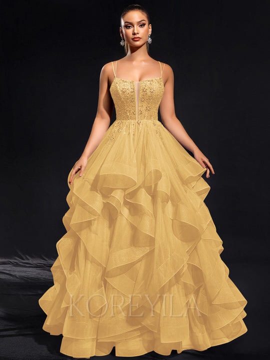 Ball-Gown/Princess Scoop Floor-Length Tulle Maxi Dresses With Rhinestone Beading