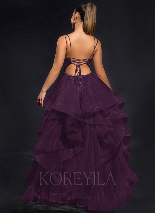 Ball-Gown/Princess Scoop Floor-Length Tulle Maxi Dresses With Rhinestone Beading