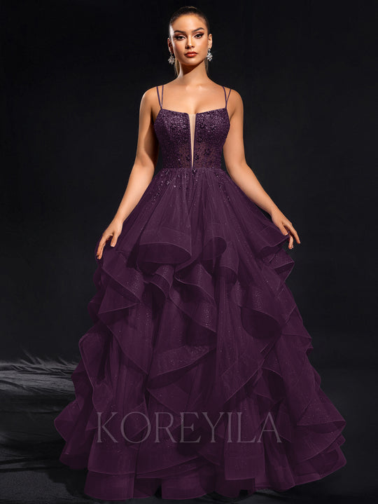 Ball-Gown/Princess Scoop Floor-Length Tulle Maxi Dresses With Rhinestone Beading