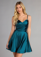 A-line Spaghetti Straps Short Satin Homecoming Dress With Pleated
