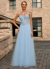 A-line V-Neck Floor-Length Lace Tulle Maxi Dresses With Sequins