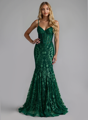 Spaghetti Straps V-Neck Corset Sequins Lace Trumpet/Mermaid Maxi Dress