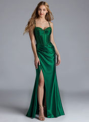Trumpet/Mermaid V-Neck Sweep Train Silky Satin Prom Dresses With Rhinestone Sequins Beading