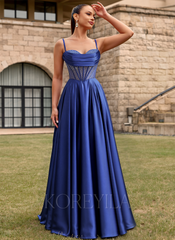 A-line Sweetheart Sweep Train Silky Satin Prom Dresses With Rhinestone